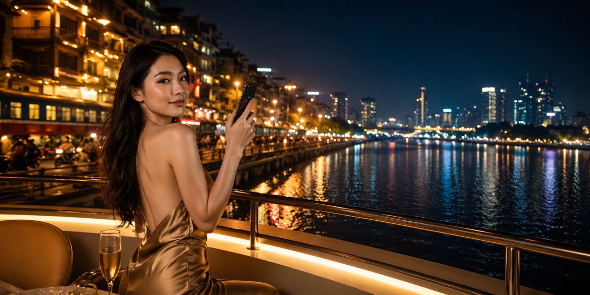 Khung cảnh đêm Hà Nội với ánh đèn neon và trải nghiệm nạp tiền trực tuyến